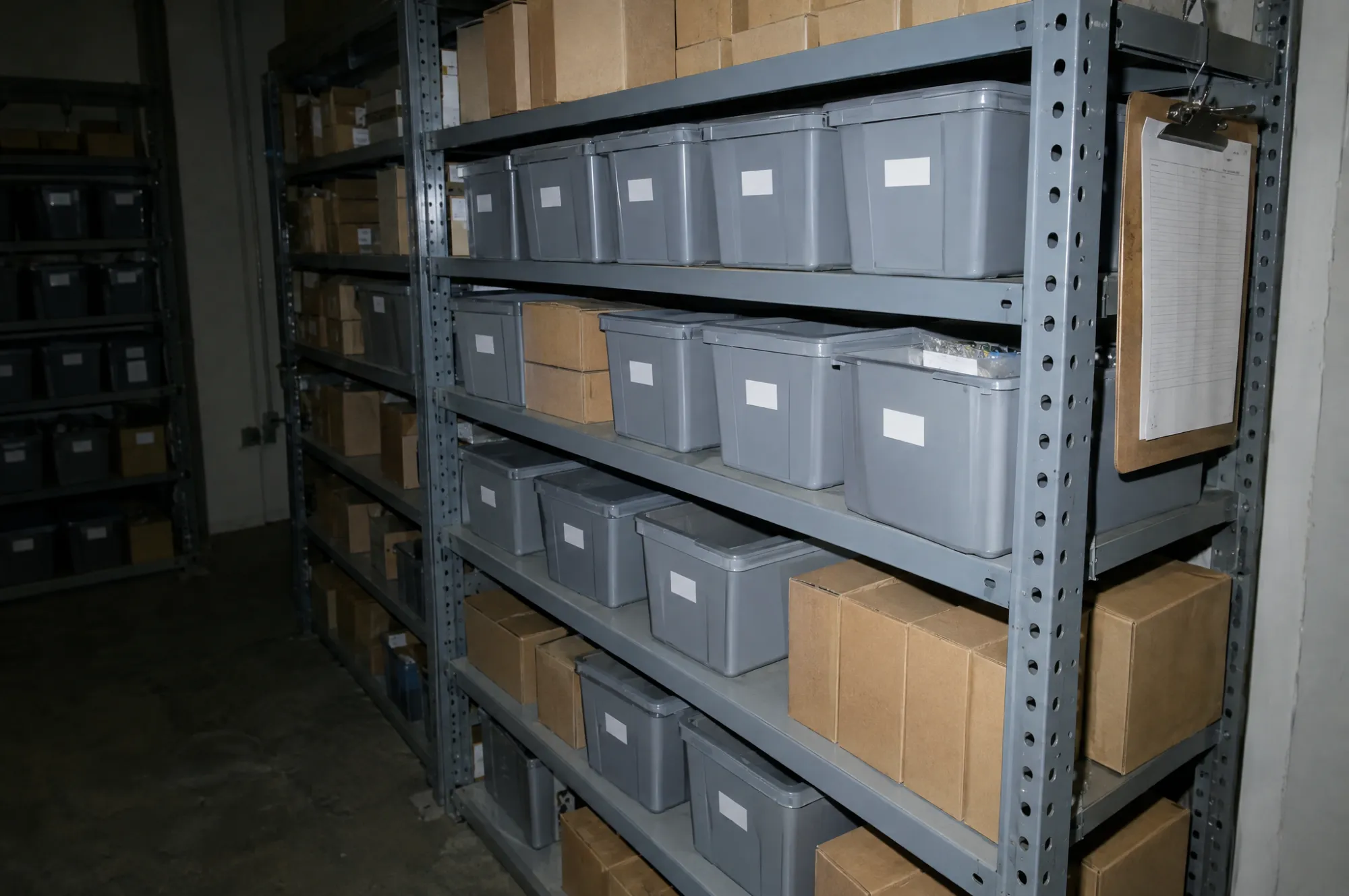 Organized bin shelving with labeled locations