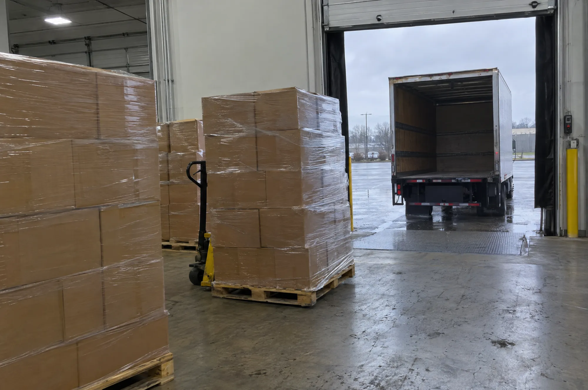 Pallets of cartons staged at a loading dock