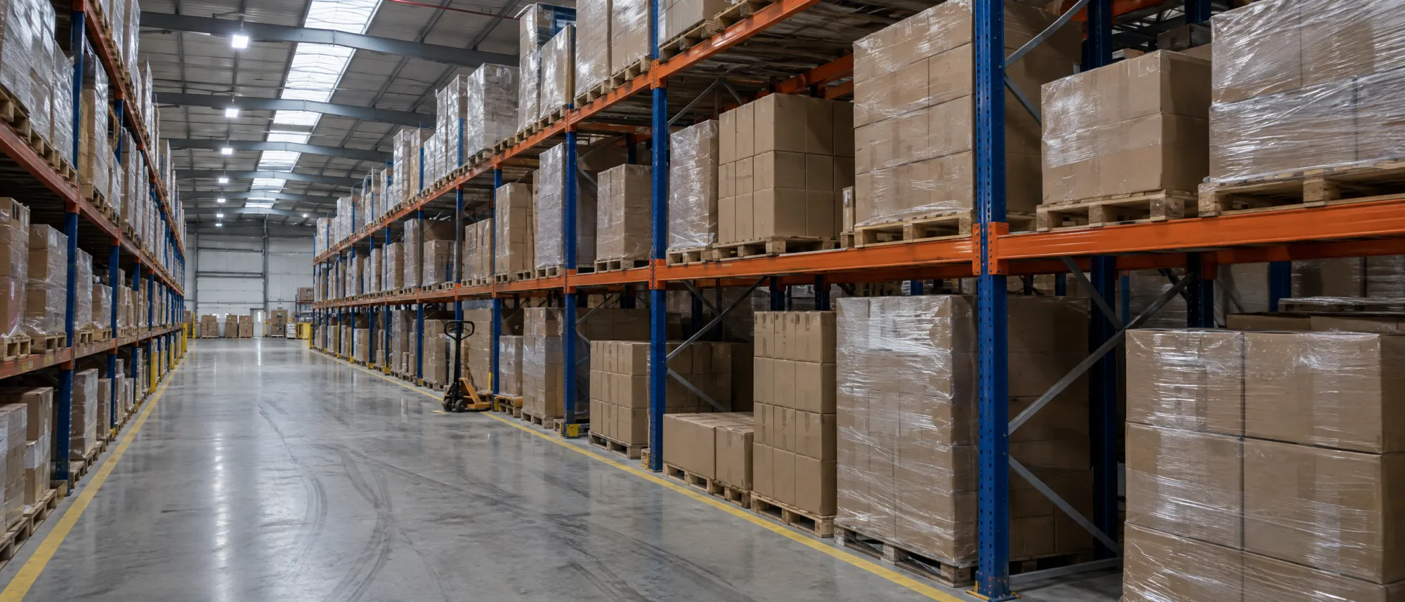 Warehouse aisle of racked inventory